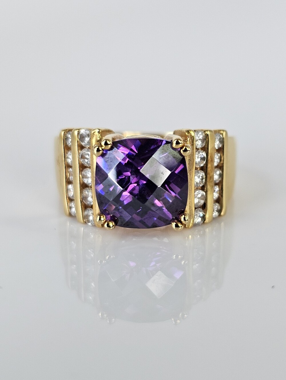 Vintage Checkerboard Cut Amethyst & White  Topaz Yellow Gold Vermeil Size 8!